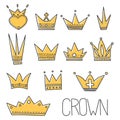 Different crowns vector concept in doodle style. Hand drawn illustration for printing on T-shirts, postcards Royalty Free Stock Photo