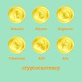 Different cryptocurrency signs on golden coins