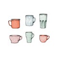 Different cups and mugs with patterns on a white background