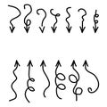 Different curly arrows. Curved arrows drawn with brushes. Vector illustration.