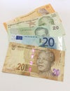 Different currencies of 20 denomination Royalty Free Stock Photo