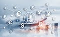 Different currencies on a virtual screen. SNB. Swiss National Bank.