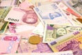 Different currency note and coins from different countries background Royalty Free Stock Photo