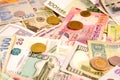 Different currency note and coins from different countries background Royalty Free Stock Photo