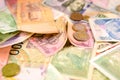 Different currency note and coins from different countries background Royalty Free Stock Photo