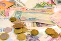 Different currency note and coins from different countries background Royalty Free Stock Photo