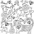 Different cute animals,objects and hearts.