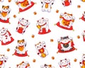 Different cute Japanese cats of good luck Maneki Neko. For printing on paper and fabric. Symbol wealth. Seamless vector Royalty Free Stock Photo