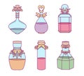 Different cute vector magical potion vials and bottles with ornaments filled with colorful liquids Royalty Free Stock Photo