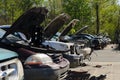 Different damaged cars on a junk yard