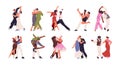 Different dances set. People perform with waltz, argentine tango, salsa. Couples move by music. Pairs show swing