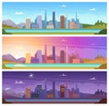 Different day time. Night morning night day outdoor city landscape vector cartoon backgrounds Royalty Free Stock Photo