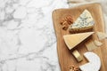 Different delicious cheeses served on marble table, top view. Space for Royalty Free Stock Photo
