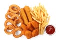 Different delicious fast food served with ketchup on white background, top view Royalty Free Stock Photo