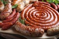 Different delicious sausages with herbs on wooden board, closeup. Assortment of beer snacks Royalty Free Stock Photo