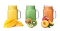 Different delicious smoothies in mason jars on background. Banner design Royalty Free Stock Photo