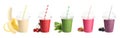 Different delicious smoothies in plastic cups on white background, collage. Banner design Royalty Free Stock Photo