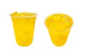 Different of delicious yellow fruit flavor drinks in transparent plastic glass Royalty Free Stock Photo