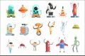 Different Design Public Service Robots Set Of Colorful Cartoon Androids Isolated Drawings Royalty Free Stock Photo