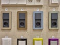 Different designs of electric sockets. Modern house improvement elements. Exhibition stand with electric socket examples