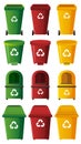 Different designs of trashcans in three colors