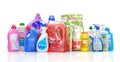 Different detergent bottles on a white background.