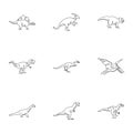 Different dinosaur icons set, outline style