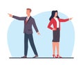 Different direction of business development for man and woman. Pointing finger gesture. Various strategies for finding
