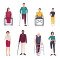 Different disabled people. Cartoon flat illustrations set.