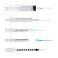 Different disposable syringes on white background, collage. Medical equipment