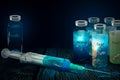 Different dive sites in glass vials with syringe - 3D illustration