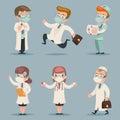 Different doctors positions and actions character set cartoon design vector illustration