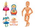 Different dolls toy character game dress and farm scarecrow rag-doll vector illustration