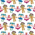 Different dolls toy character game dress seamless pattern background farm scarecrow rag-doll vector illustration Royalty Free Stock Photo