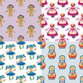 Different dolls toy character game dress seamless pattern background farm scarecrow rag-doll vector illustration