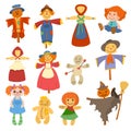 Different dolls toy character game dress and farm scarecrow rag-doll vector illustration Royalty Free Stock Photo