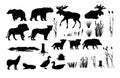 Different domestic rural animals set. Pets farmer. Picture silhouette black isolated on white background. Vector