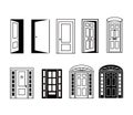 Different doors icons collection. Open and closed silhouette of door to house isolated on white. Vector entrance in