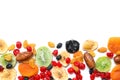 Different dried fruits on white background, top view Royalty Free Stock Photo