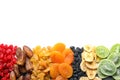 Different dried fruits on white background, top view Royalty Free Stock Photo