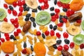 Different dried fruits on white background, top view Royalty Free Stock Photo