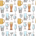Different Drink Beverage Glasses Seamless Pattern. Stemware Hand Drawn Background