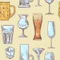 Different Drink Beverage Glasses Seamless Pattern. Stemware Hand Drawn Background