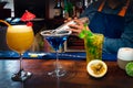 3 Different drinks, pineapple daiquiri, blue curaÃÂ§ao liqueur drink, maracuya mojito and pisco sour Royalty Free Stock Photo