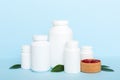 different drugs and health supplement pills with medicine bottle health care and medical top view. Vitamin tablets Royalty Free Stock Photo