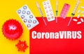 Different drugs, medicines tablets, pills, syringes against coronavirus, models of coronavirus, text on red banner coronaVIRUS on