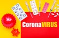 Different drugs, medicines tablets, pills, syringes against coronavirus, models of coronavirus, text on red banner coronaVIRUS on