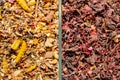 different dry flower teas in bulk sold on market Royalty Free Stock Photo