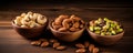 different dry fruits in three bowl on wooden background generative AI