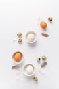 Different eggs with feathers for Easter on white background